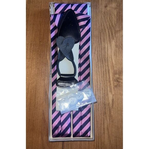 NEW Brooks Brothers Suspenders Braces Navy/Pink Stripe Adjustable Y Back Leather - Picture 5 of 7